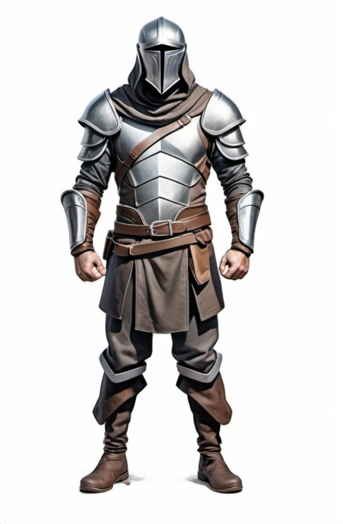 Prompt: man in simple leather armor with gray details, face covered metal helmet fantasy character art, illustration, dnd, white background