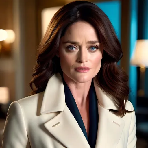 Prompt: luxury advertisement, (vibrant color scheme), featuring a very attractive mature woman, Robin Tunney, wearing a stylish double-breasted coat, high-fashion pose, captivating expression, sleek and sophisticated setting, dynamic lighting illuminating the scene, emphasis on elegance and allure, ultra-detailed, chic ambiance, high-quality visuals, 4K resolution.