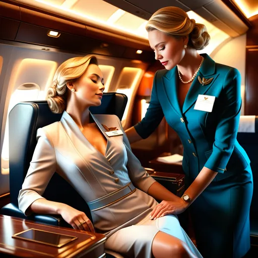 Prompt: High-end digital artwork of two affluent travelers, one sleeping woman and a flight attendant unbuttoning her dress to inspect her chest, luxurious setting, detailed facial features, professional 3D rendering, warm lighting with soft shadows, elegant and sophisticated, high quality, detailed characters, realistic, rich colors, affluent travelers, in-flight service, professional attire, opulent interior, smooth skin texture, attentive expression, elegant poses, luxury, upscale, warm lighting, soft shadows