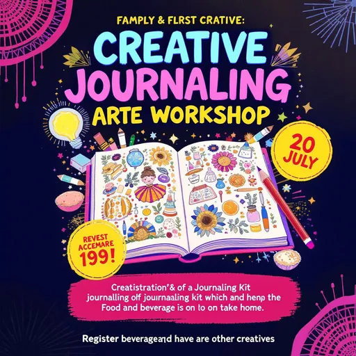 Prompt: create a poster about a creative journaling workshop where creativity and art merge together on paper. the date is 20 July and registration fee is 199 inclusive of journaling kit which attendees can take home. Food and beverage is on the attendees. add a CTA to register and  have a cozy date with other creatives. The theme of the poster is vibrant and catchy.


