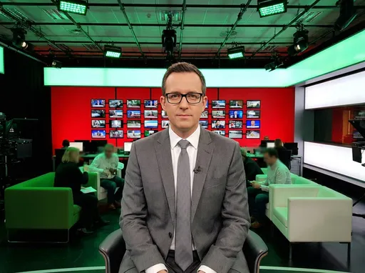 Prompt: This photograph depicts a man sitting in a modern television studio. The man is centrally positioned in the image, facing the camera, and is wearing a grey suit with a white dress shirt and a grey, patterned tie. He has short, dark hair and is wearing black-framed glasses. A small microphone is attached to his suit jacket, indicating he is likely speaking or about to speak. 

The background features a red wall adorned with multiple small screens displaying various images and videos. These screens are arranged in a grid pattern, each showing different scenes or broadcasts, adding a dynamic and busy atmosphere to the studio. The ceiling of the studio has green lighting, which contrasts with the red wall and the man's grey suit. 

Behind the man, there are several green and white cushioned chairs, some occupied by other people who are partially visible, suggesting a live broadcast or discussion setting. The overall lighting is bright, emphasizing the professional and formal environment of the studio. The image has a clear and sharp focus, with vibrant colors and a realistic style typical of modern television photography.