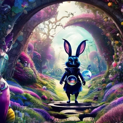 Prompt: Imagine that you are on an intellectual journey into an infinite topic of AI and want to represent it as a Black Rabbit Hole that has hints of whimsy, Alice through the looking glass, and innovation 