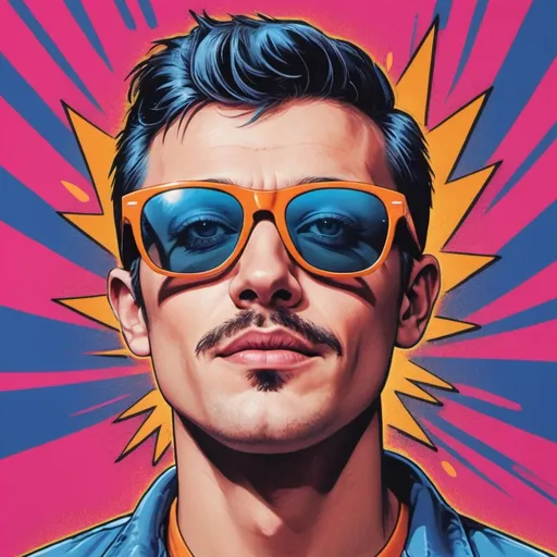 Prompt: Vibrant hues of pink and orange create a striking backdrop that accentuates the bold, graphic sunglasses prominently featured in the image. The lenses, filled with intricate typographic designs, capture attention with their deep blue color and psychedelic lettering that reads "THE HAMBER BROS." The subtle facial features of a person are partially visible, hinting at a relaxed expression, while the pop art technique employs a dot pattern to enhance the visual depth and texture. This composition evokes a playful, retro aesthetic, reminiscent of 1960s counterculture, conveying a sense of fun and rebellion. The overall mood invites viewers to embrace the spirit of creativity and individuality.
