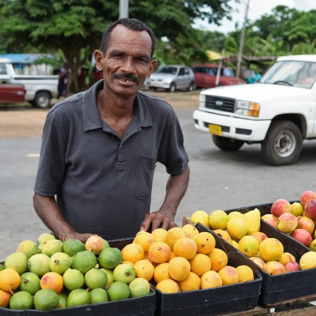 Prompt: a man from Guyana selling fruit