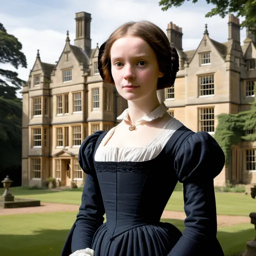 Prompt: a picture of Jane Eyre with thornfield hall behind her and heathcliff behind
