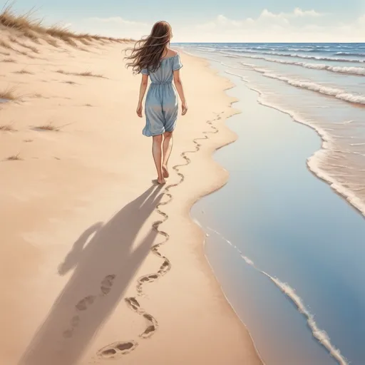 Prompt: A sandy beach sketch with small waves and footprints in the sand with a woman with long brown hair barefoot