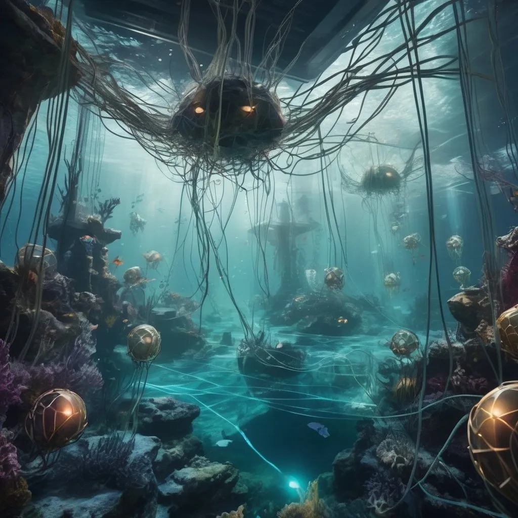 Prompt: an underwater scene with cyber-looking webs stringing across the scene and robotic mermaids or sirens swimming around 
