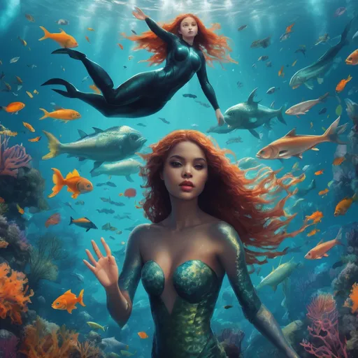 Prompt: a scene of the ocean with vibrant schools of fish, haunting mermaids with flowing hair, sea life swirling about, and a human diver with a camera exploring the scene 