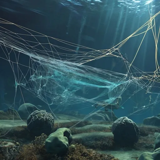 Prompt: an underwater scene with cyber-looking webs stringing across the scene 