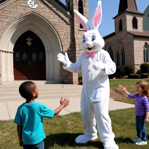 Prompt: an Easter Bunny greeting children in front of a church
