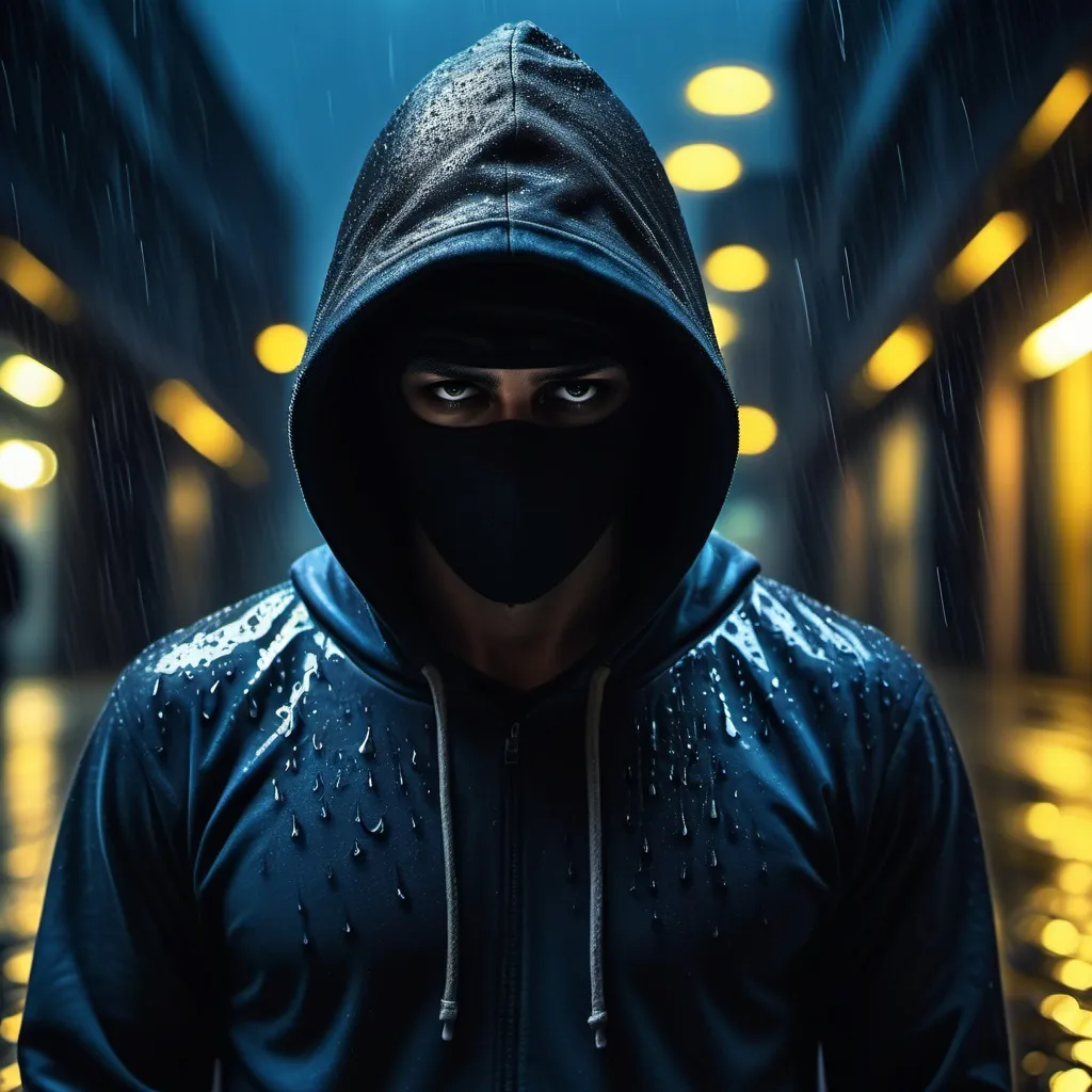 Prompt: A masked man in dark wearing a black hoodie, (intense atmosphere), (raindrops creating ripples on the ground), cinematic composition, (stylish blue and yellow color tones), (dramatic lighting highlighting shadows), thrilling and chilling presence, suspenseful mood, (dramatic reflections), (high quality 4K), moody urban background with blurred lights.