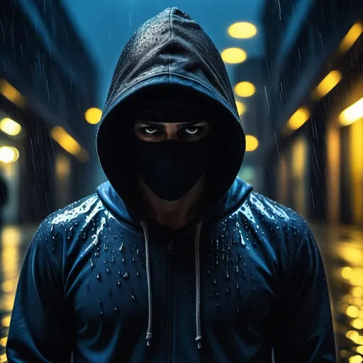 Prompt: A masked man in dark wearing a black hoodie, (intense atmosphere), (raindrops creating ripples on the ground), cinematic composition, (stylish blue and yellow color tones), (dramatic lighting highlighting shadows), thrilling and chilling presence, suspenseful mood, (dramatic reflections), (high quality 4K), moody urban background with blurred lights.