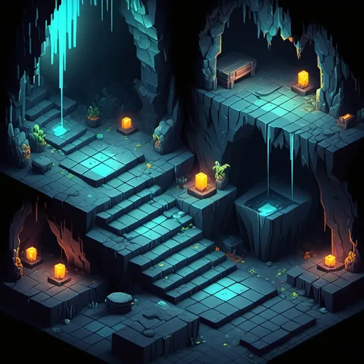 Prompt: 2D cave environment, (isometric view), dark color scheme, detailed textures, eerie ambiance, nuanced shadows, artistic lighting effects, retro style, immersive atmosphere, strategic elements, high-quality, game graphics, (vibrant highlights), reminiscent of classic pixel art, engaging backdrop for gameplay purposes, inviting exploration without 
stairs and water