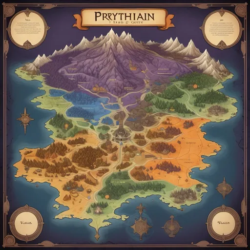 Prompt: Create a detailed, vintage fantasy map of Prythian featuring the seven courts: Night, Day, Dawn, Summer, Winter, Spring, and Autumn. Label each court clearly with distinctive colors (dark purples for Night Court, warm oranges for Autumn Court, icy blues for Winter Court, etc.). Include key locations like Velaris, the Illyrian Mountains, the Court of Nightmares, the Wall, Feyre's Village, and the Mortal Lands. Add a decorative compass rose and banners with text for 'Prythian,' 'Hybern,' and 'Mortal Lands,' in an old-world, scroll-like font. The map should have ships in the ocean, clouds, and a mystical, whimsical vibe suitable for fantasy.