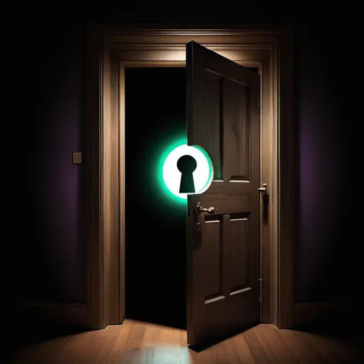 Prompt: Concept: A simple yet unsettling emblem with a play on perspective.

Elements:

Background: A solid black background.
Doorway: A slightly ajar, weathered wooden doorway in the center of the emblem. The door itself should be dark brown or black with a slightly raised texture to give it depth.
Keyhole: A single, glowing keyhole in the center of the door. The glow can be an eerie green or purple.
Perspective Trick: The keyhole is not perfectly round, but slightly elongated vertically. This creates the illusion that the viewer is looking down a long, dark hallway through the keyhole.