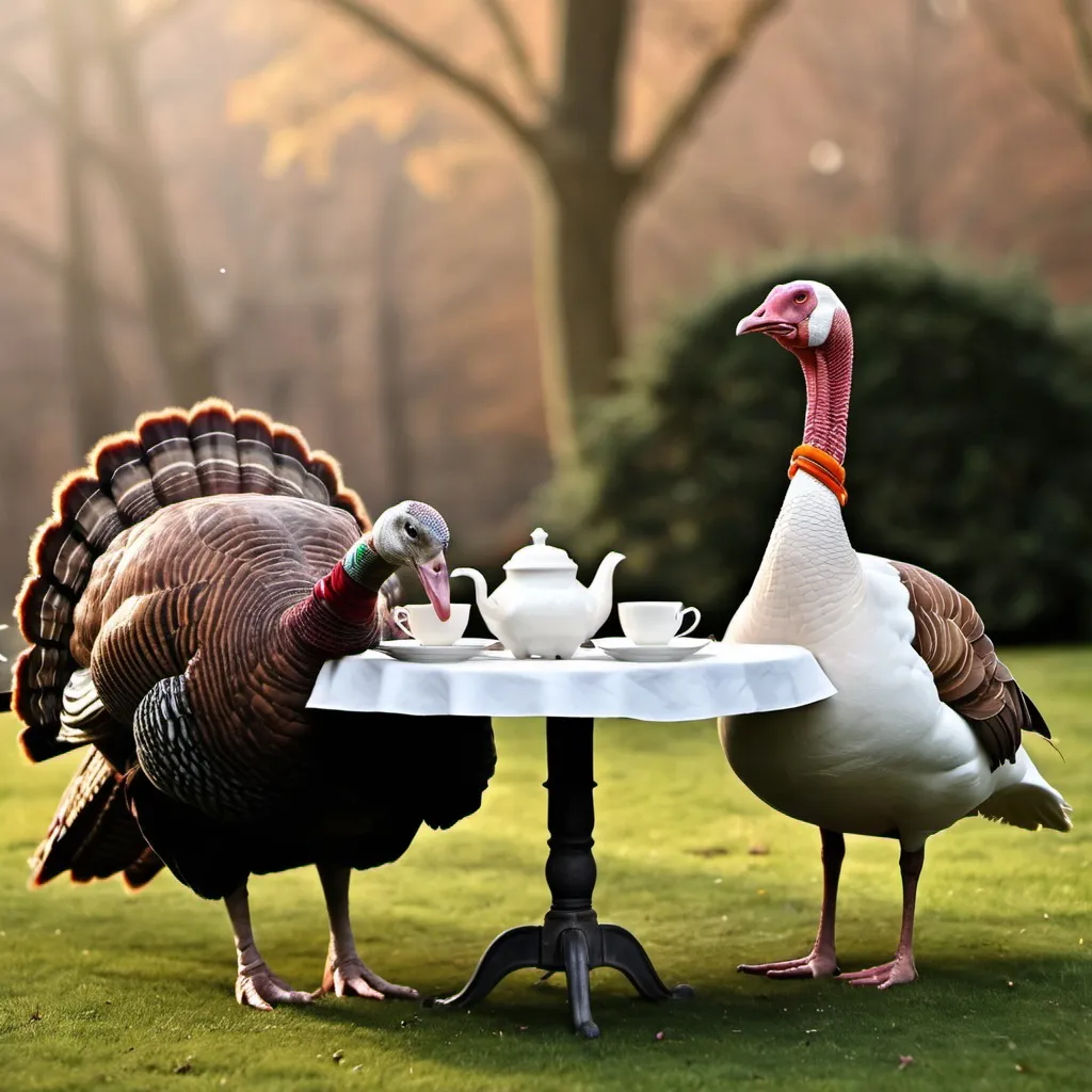 Prompt: A turkey and a goose having tea
