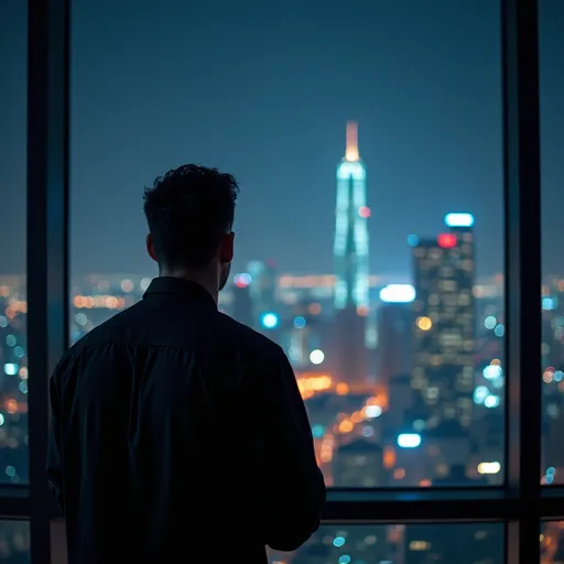 Prompt: Inner Realities 
man looking out to a cityscape at night