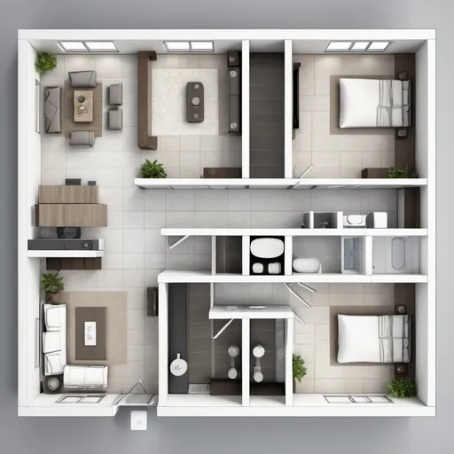 Prompt: 2d overhead house plan in a long rectangular design of 20m by 8m that includes a kitchen, dining room/living room combination, one bathroom, one small guest bedroom, one small office, and a master bedroom with walk-in closet and ensuite bathroom