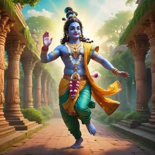 Prompt: (Krishna running) on a mythical ball, dynamic movement, vibrant colors, ethereal lighting, divine atmosphere, traditional Indian garb, whimsical background with swirling motions, lush greenery and ornate temple structures in the backdrop, emotional and joyous, ultra-detailed depiction, high quality 4K.