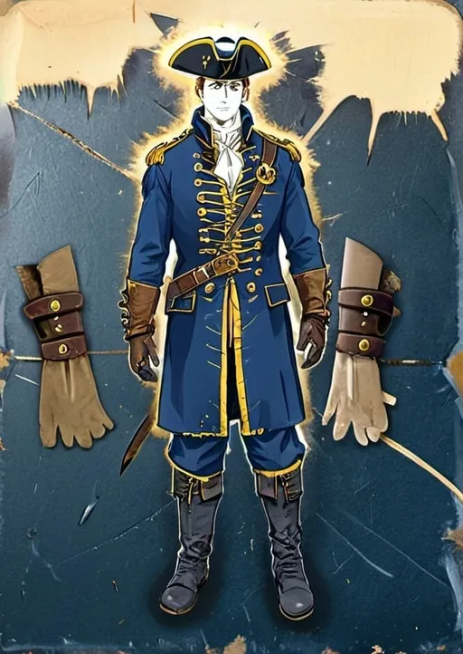 Prompt: The Minutemen General's uniform is a long, dark blue overcoat with four tarnished gold stars on each collar side, symbolizing rank. The coat is worn and frayed, with patches and subtle stains. Beneath is a yellowed white shirt and a rugged, scratched combat armor chest piece. A black tricorn hat with a dull, frayed gold trim complements the ensemble. Aged brown leather belt, brass buttons with patina, and worn gold braiding on the sleeves complete the look, reflecting a relic of the old world, rich with history.