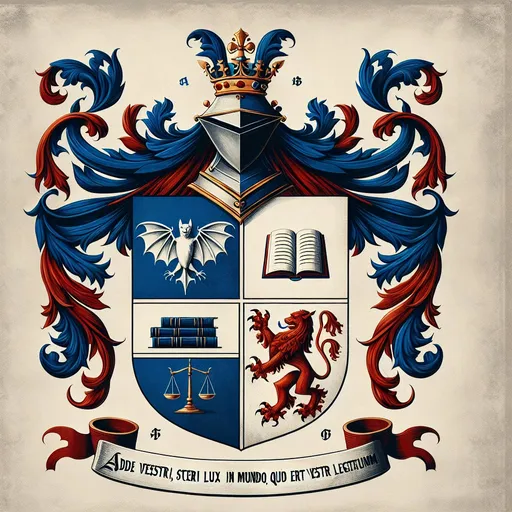 Prompt: A traditional herA traditional heraldic shield divided into four equal quadrants:

Top Left Quadrant:
Background Color: Blue (azure).
Symbol: A bat, representing unique identity and personal symbolism.
Top Right Quadrant:
Background Color: White (argent).
Symbol: Scales of justice, symbolizing fairness, balance, and commitment to justice.
Bottom Left Quadrant:
Background Color: White (argent).
Symbol: A book or several books, indicating dedication to education and knowledge.
Bottom Right Quadrant:
Background Color: Blue (azure).
Symbol: A crowned, rampant red lion, from the Ponce coat of arms, representing strength, courage, and family heritage.
Banner:

Location: Below the shield.
Text: The family name "Ponce" written in elegant, traditional lettering.
Motto:

Location: Below the banner.
Text: The Latin motto "adde vestri lux in mundo et quod erit vestri legatum" written in an elegant script.

Overall Design:

The coat of arms should have a balanced and harmonious appearance, with each symbol clearly visible and representing a key aspect of personal identity and heritage.
The combination of personal symbols and traditional elements from the Ponce coat of arms creates a unique and meaningful representation of values and history