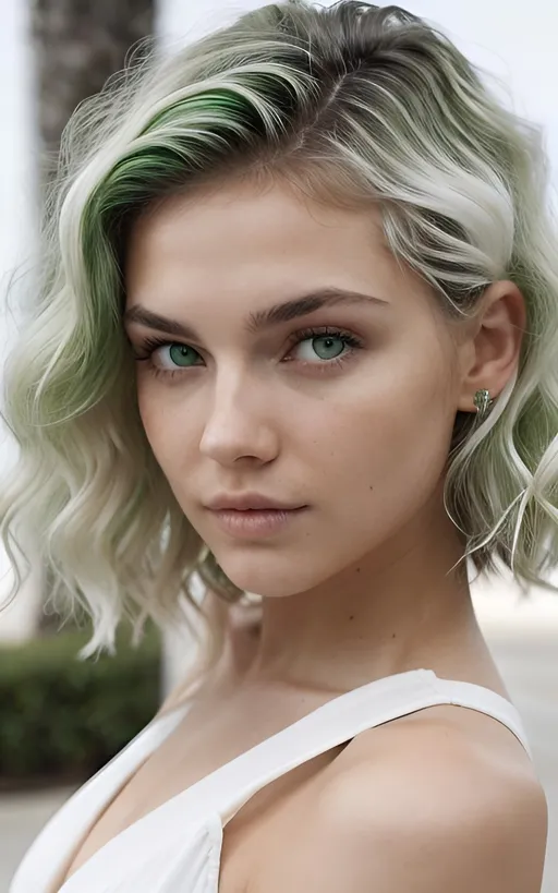 Prompt: white skin, green eyes and wavy, stylized hair 