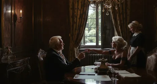 Prompt: Elegant French Chateau. Old man sittiing at table talking to an elegant grey haired white woman drinking coffee, A beautiful  sad young blonde maid in a vintage black maids uniform is watching them. The man is pointing at the wintow
