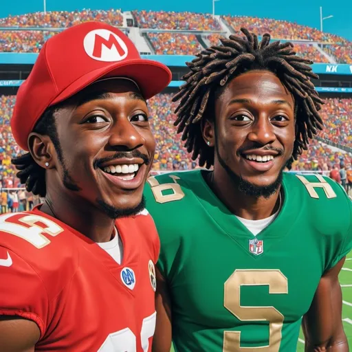 Prompt: (accurately spelled text "Super Kamario Bros"), image of (Mario with NFL player Alvin Kamara's face), image of (Luigi with NFL player George Kittle's face), (playful and vibrant atmosphere), (comic book style), (bright colors), under a (dynamic, colorful title), emphasizing (fun, whimsical characters), standing in a normal, vivid backdrop resembling a NFL stadium, (4K, ultra-detailed).