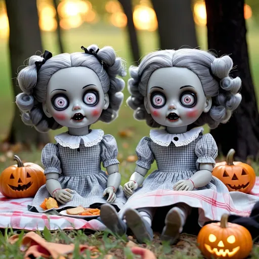 Prompt: creepy grey dolls, picnic, halloween, glowing eyes