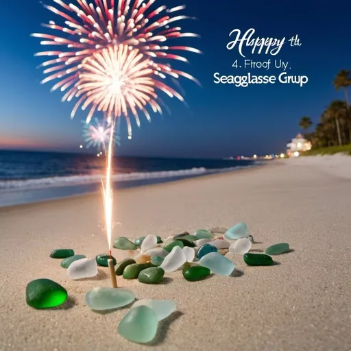 Prompt: fireworks going off over a beach covered with seaglass with the words "Happy 4th of July from Seaglass Insurance Group"