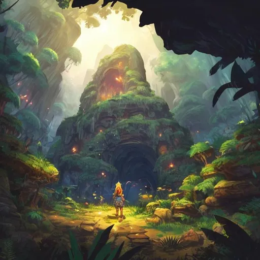 Prompt: Player adventuring in the wild encountering a cave, digital illustration, lush greenery, mystical atmosphere, detailed characters, immersive game environment, high quality, adventurous, Pokemon-inspired, vibrant colors, natural lighting, wild adventure, cave entrance, detailed scenery, exploration, lush environment, adventure game, immersive experience, vibrant colors, mystical lighting