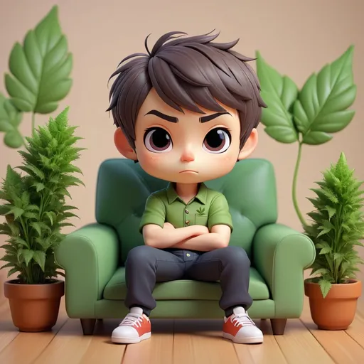Prompt: kawaii 3D rendered, tiny cute chibi, full body, 1man, short hair,  sitting on couch, wearing pants, beautiful whimsical contrast colours and weed plant near the couch