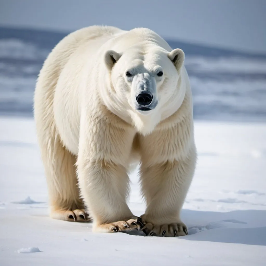 Prompt: A polar bear lives in a snowy place and hunts very patiently.