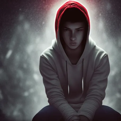 Prompt: A young man wearing red hoodie and white jeans sitting in a fetal position in the corner of a pitch black room grabbing his head hiding from red demons coming at him