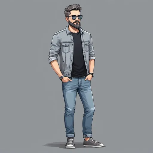 Prompt: ilustración 2d hombre, full body, tez blanca, gafas, cabello muy corto, barba muy corta, aretes, tiene chaqueta gris, jeans azules, zapatos negros, cabello castaño claro 