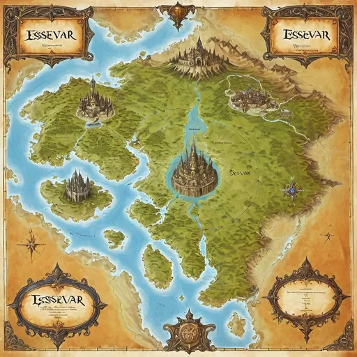 Prompt: a world map for a world called Essevar, plennty of different terrains, high magic, with main cities