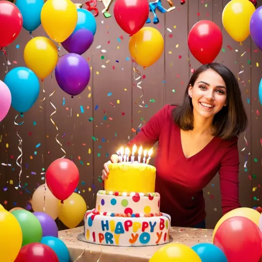 Prompt: (accurately spelled text "Happy birthday"), vibrant balloons, cheerful decorations, colorful confetti, warm lighting, celebratory atmosphere, festive cake with candles, guests smiling joyfully, enhancing the lively mood, background filled with party elements, HD quality, high contrast colors, capturing the essence of joy and celebration.