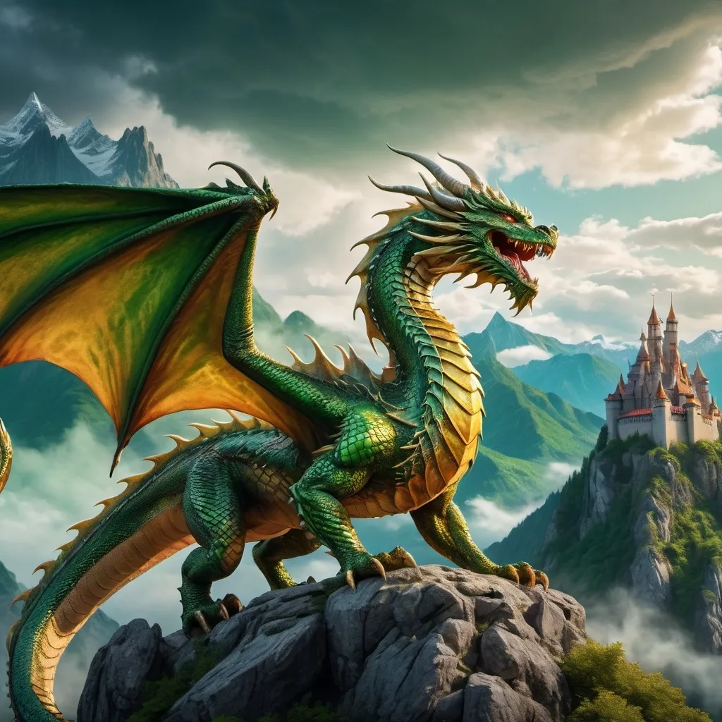 Prompt: (majestic dragon), powerful and mythical creature, (intricate scales), vivid colors of green and gold, (fiery breath), bold and intimidating posture, (castle background), mountain landscape, (dynamic clouds swirling), (highly detailed), (fantasy atmosphere), cinematic lighting, beautifully rendered, (4K) quality image, overall mood of awe and wonder.