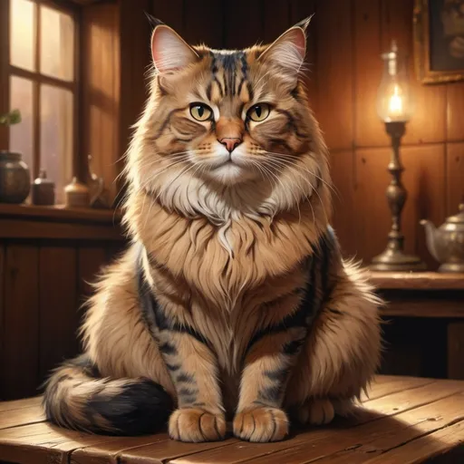 Prompt: High-res digital painting of a regal cat, sitting on a wooden table, warm and cozy atmosphere, realistic fur texture, intense and piercing gaze, cozy, detailed whiskers, warm lighting, digital painting, realistic, cozy atmosphere, detailed fur, intense gaze, warm lighting