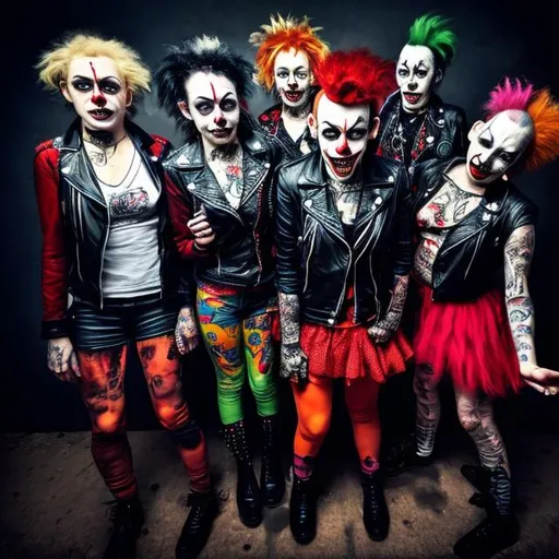 Prompt: Album cover for a punk rock band with women dressed as clowns in leather jackets and tattoos on their faces