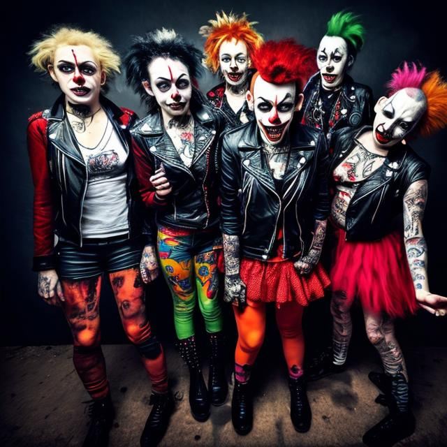 Prompt: Album cover for a punk rock band with women dressed as clowns in leather jackets and tattoos on their faces