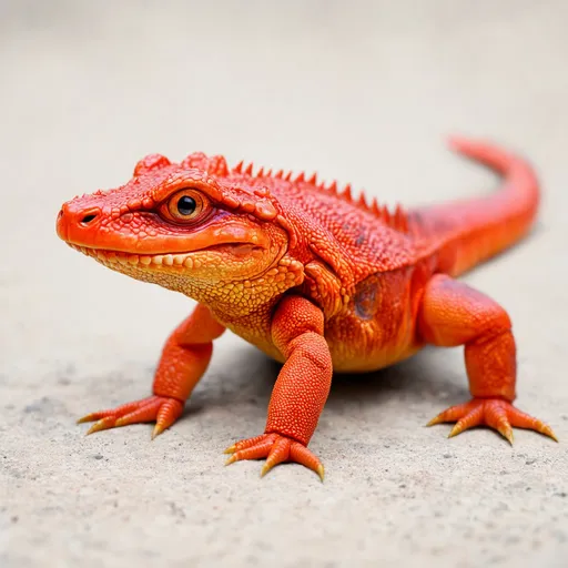 Prompt: A red small reptile with a baby crocodile head four legs with claws and a short tail