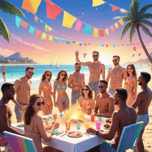 Prompt: Data, AI & IoT team at a beach party, vibrant and lively atmosphere, colorful beachwear, cool ocean breeze, sandy shore, high quality, digital art, summer vibes, technology-themed beach party, joyful celebration, modern beach scene, team bonding, professional, sunny and bright lighting