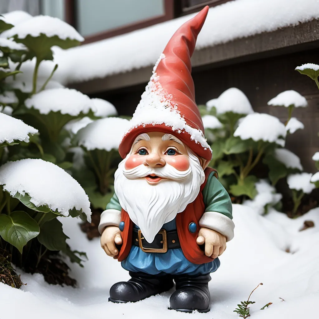 Prompt: cute garden gnome by itself with snow on hat