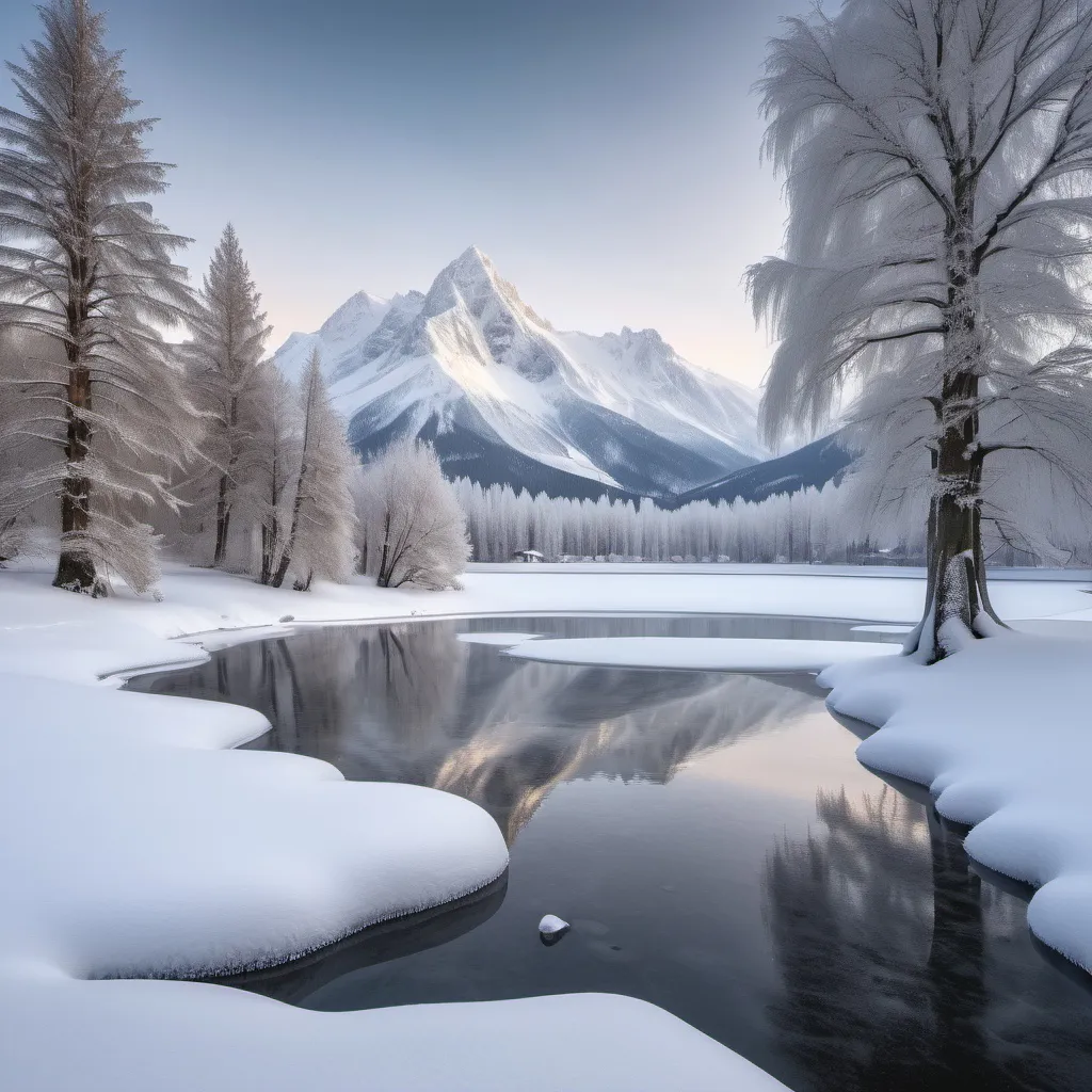 Prompt: winter wonderland of snow landscape with mountains and a frozen lake with trees around it