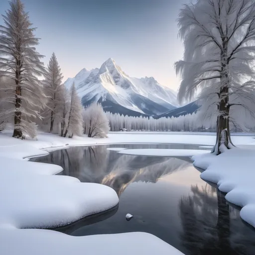 Prompt: winter wonderland of snow landscape with mountains and a frozen lake with trees around it