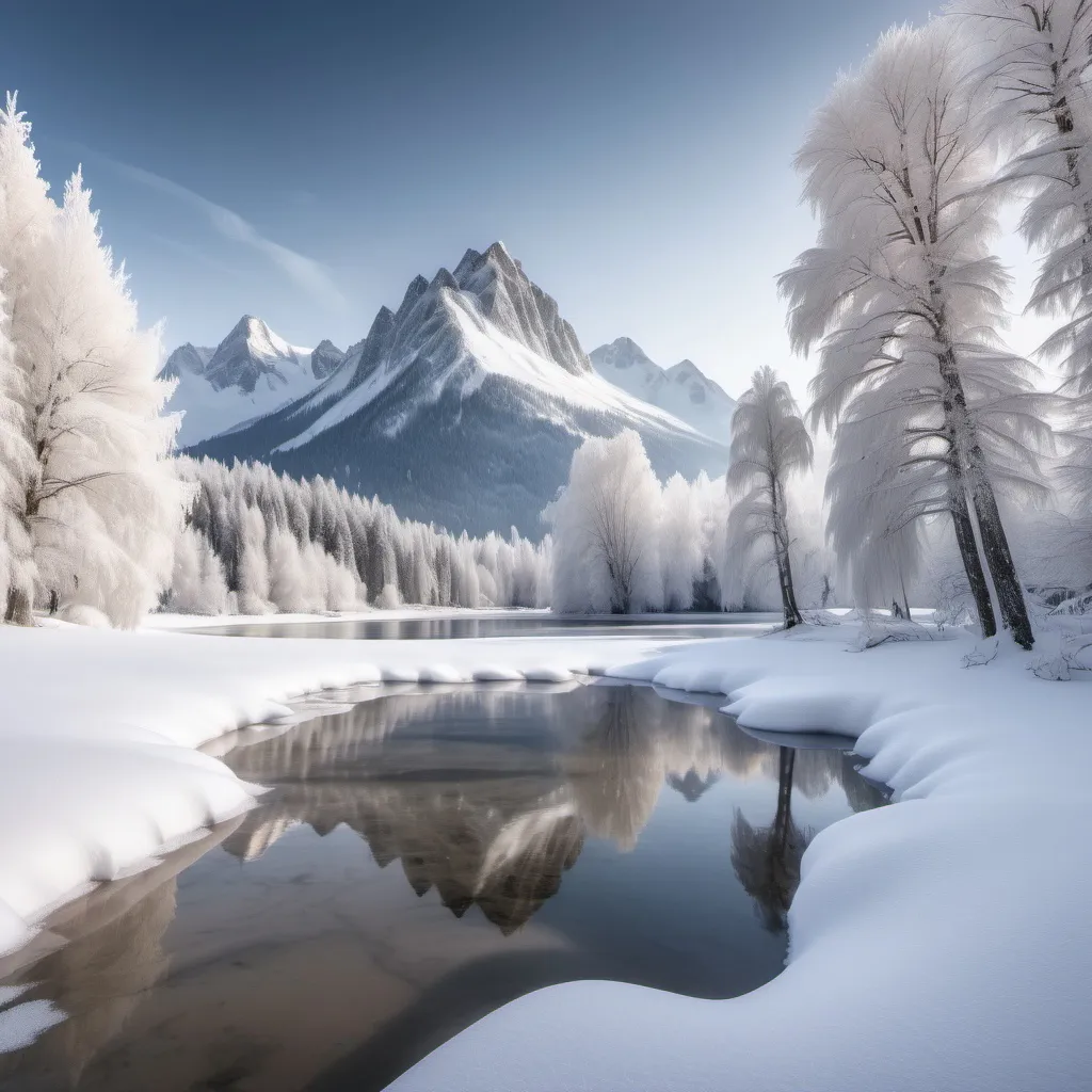 Prompt: winter wonderland of snow landscape with mountains and a frozen lake with trees around it