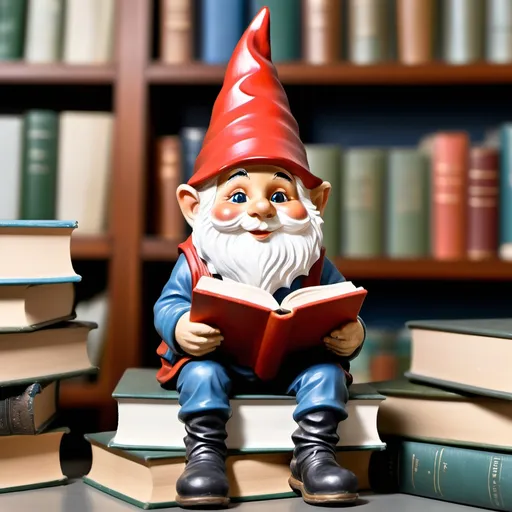 Prompt: cute garden gnome in the library on a stack of books and they are reading a book