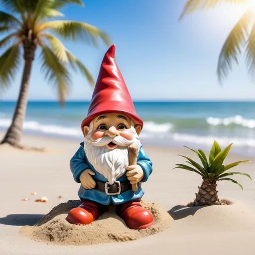 Prompt: cute garden gnome at the beach on the sand next to the ocean with a palm tree providing shade