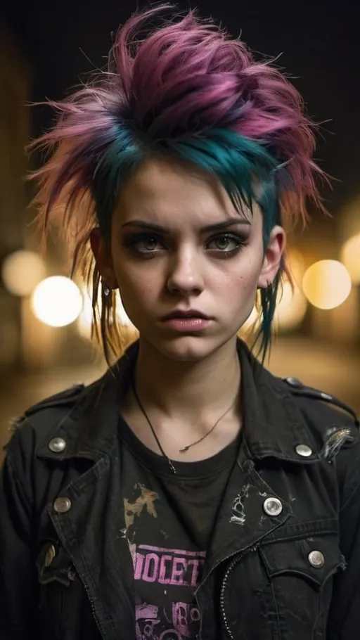 Prompt: Pretty girl punk, edgy, messy hair, bold makeup, grunge style, distressed fabric, urban setting, moody lighting, high quality, misc-grunge, rebellious attitude, messy hair, intense gaze, authentic punk, bold colors, atmospheric lighting, 